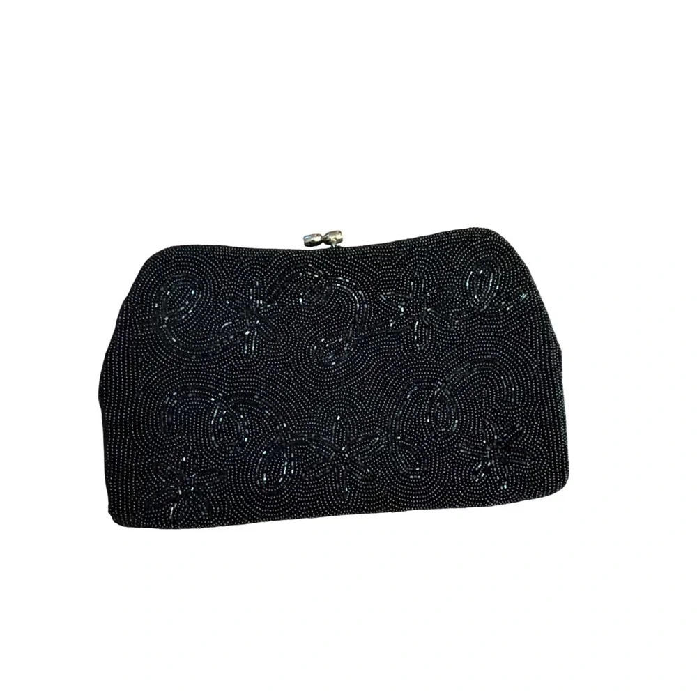 Vintage Black Beaded Floral Clutch Evening Bag Made in Japan Kiss Lock Purse